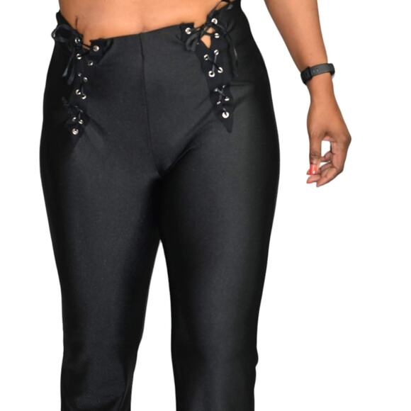 Dolls Kill Flare Pants Black Lace Up Shiny Stretch High Waist Grommet Size Small - Picture 4 of 16